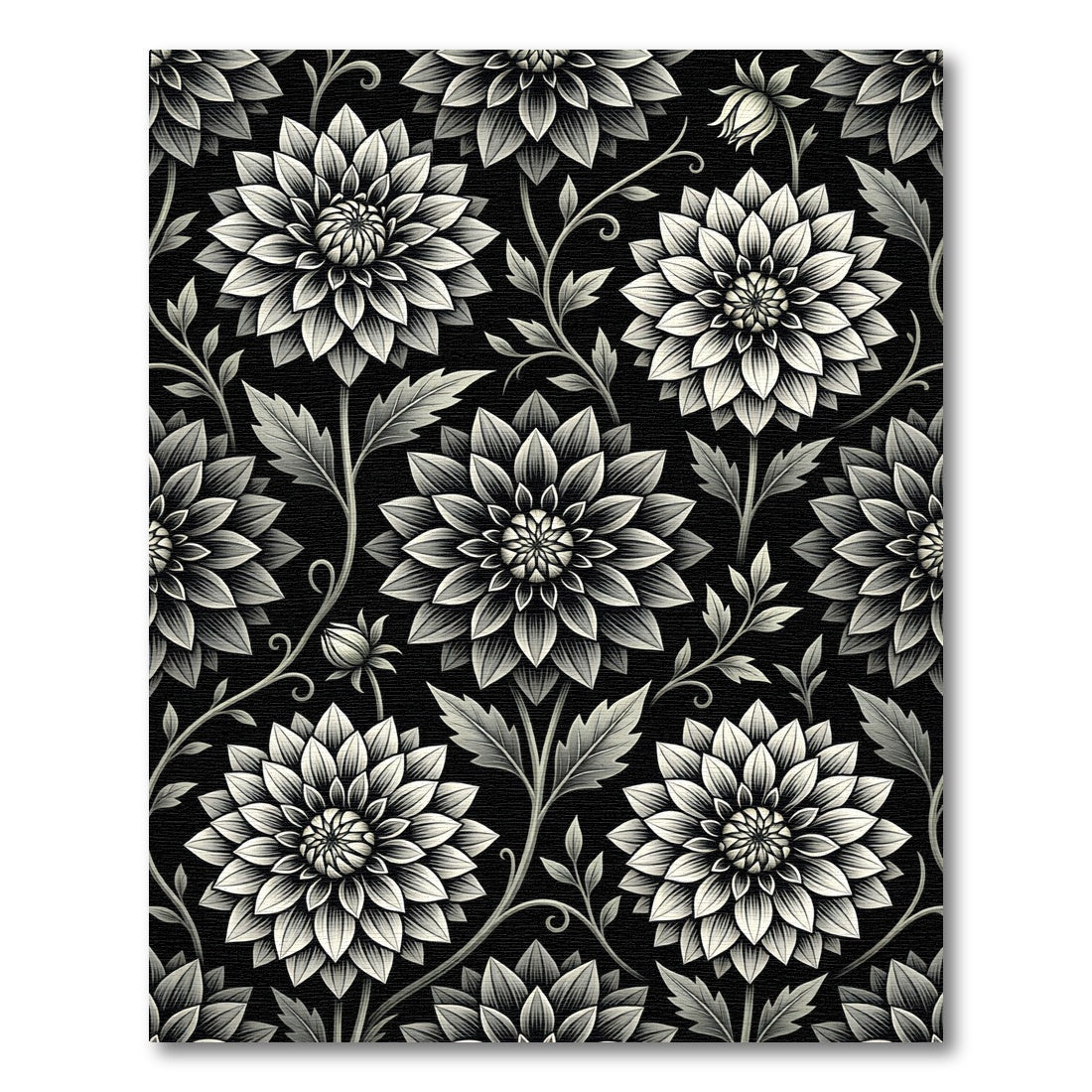 Monochromatic Floral Botanical Black White Rug