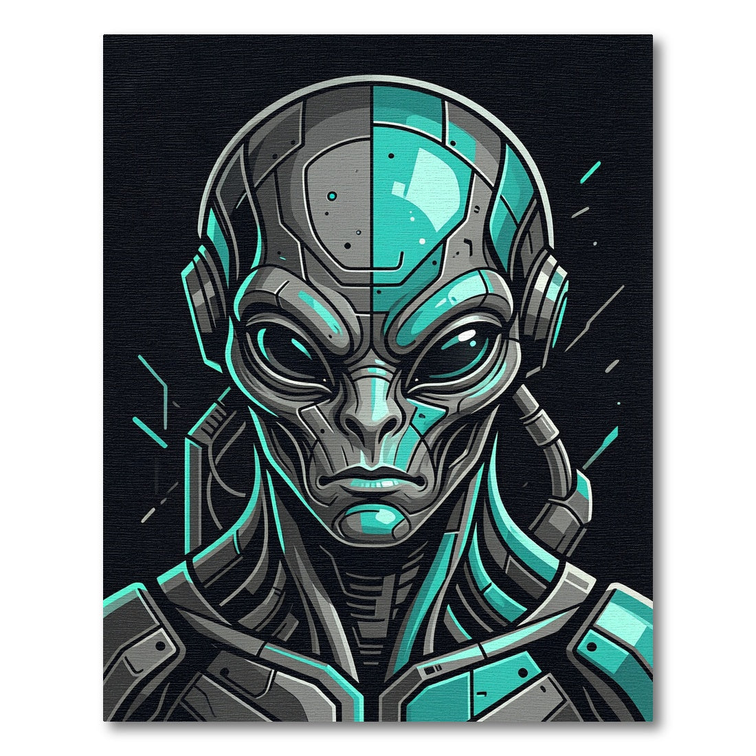 Cybernetic Teal Alien Portrait Graphic Rug