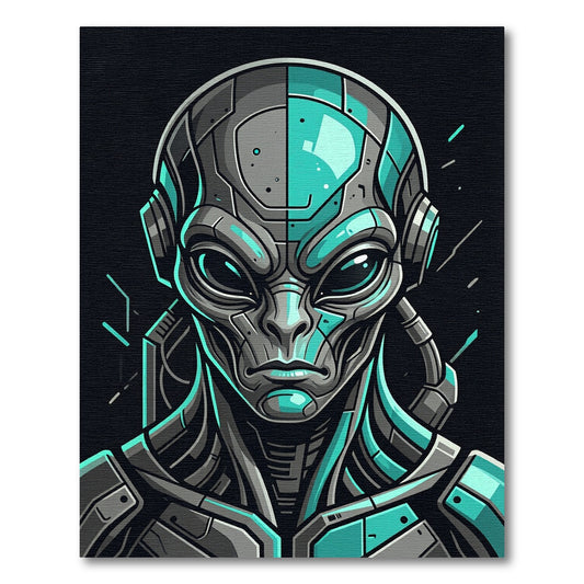 Cybernetic Teal Alien Portrait Graphic Rug