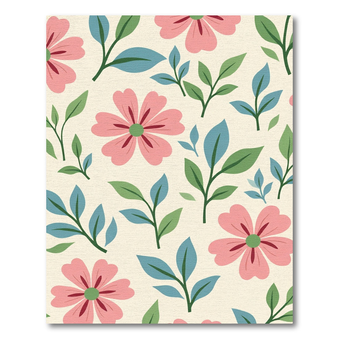 Pink Floral Green Leaf Cream Background Rug