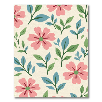 Pink Floral Green Leaf Cream Background Rug