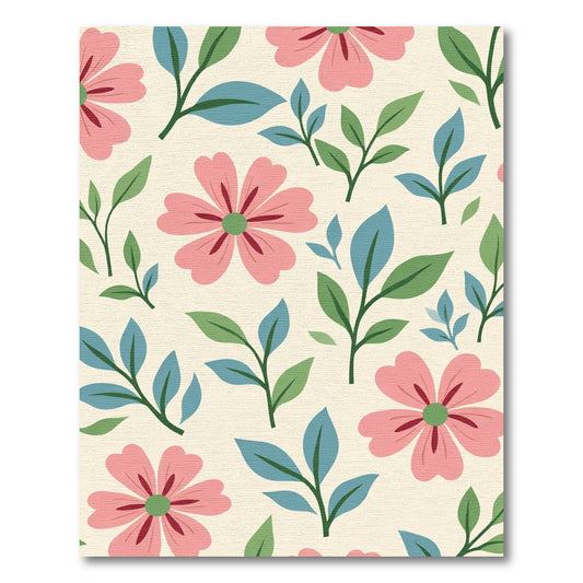 Pink Floral Green Leaf Cream Background Rug