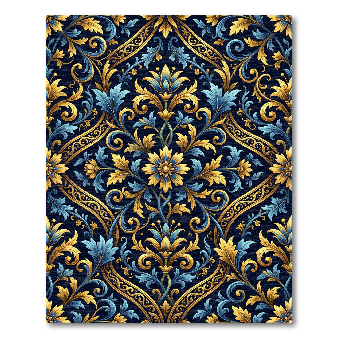 Ornate Golden Blue Floral Damask Rug