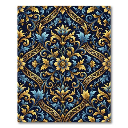 Ornate Golden Blue Floral Damask Rug