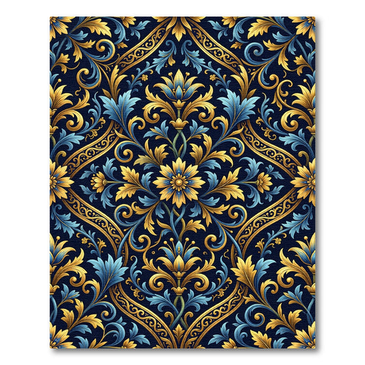 Ornate Golden Blue Floral Damask Rug
