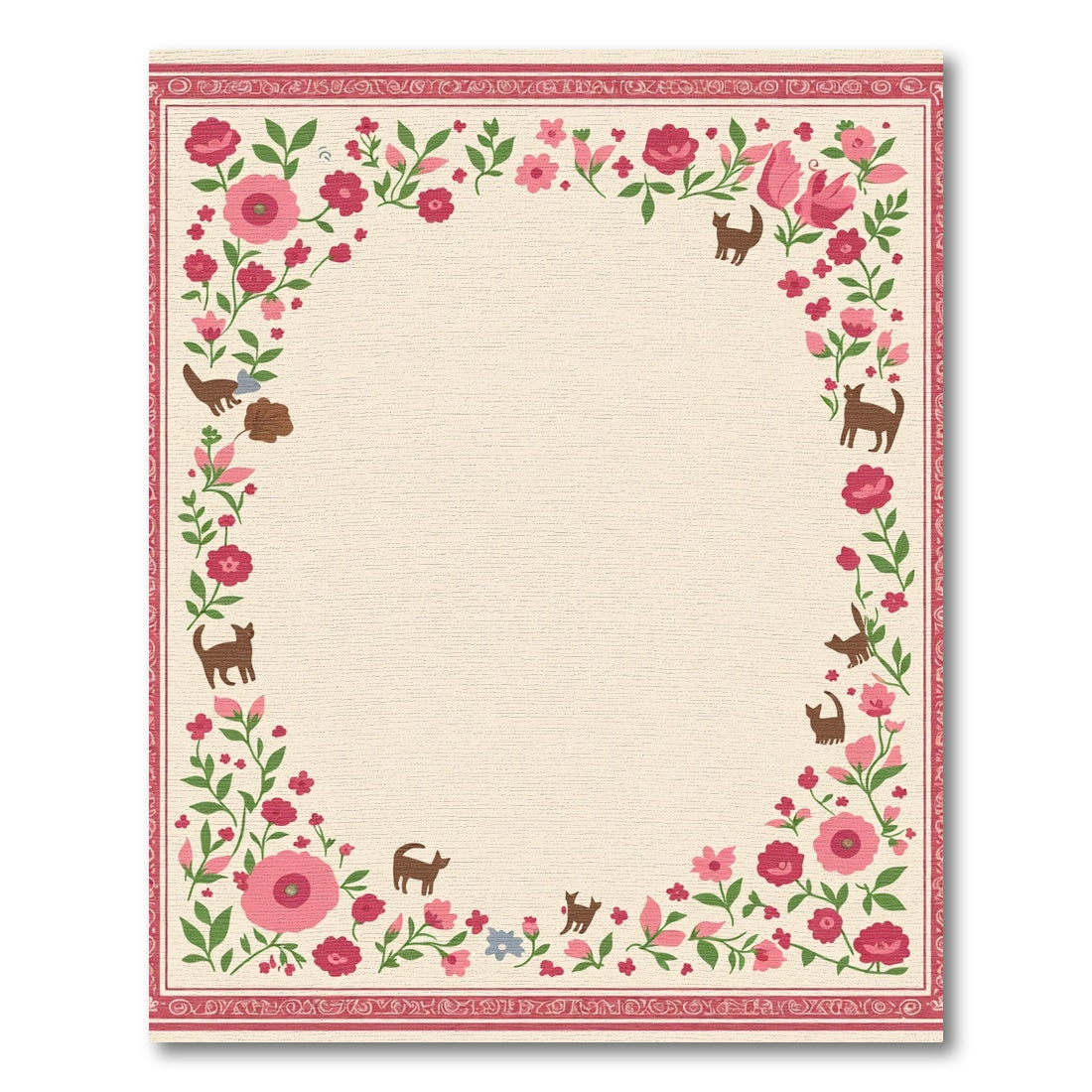 Whimsical Floral Cat Border Cream Rug