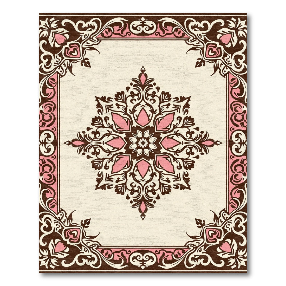 Vintage Pink Brown Floral Medallion Border Rug