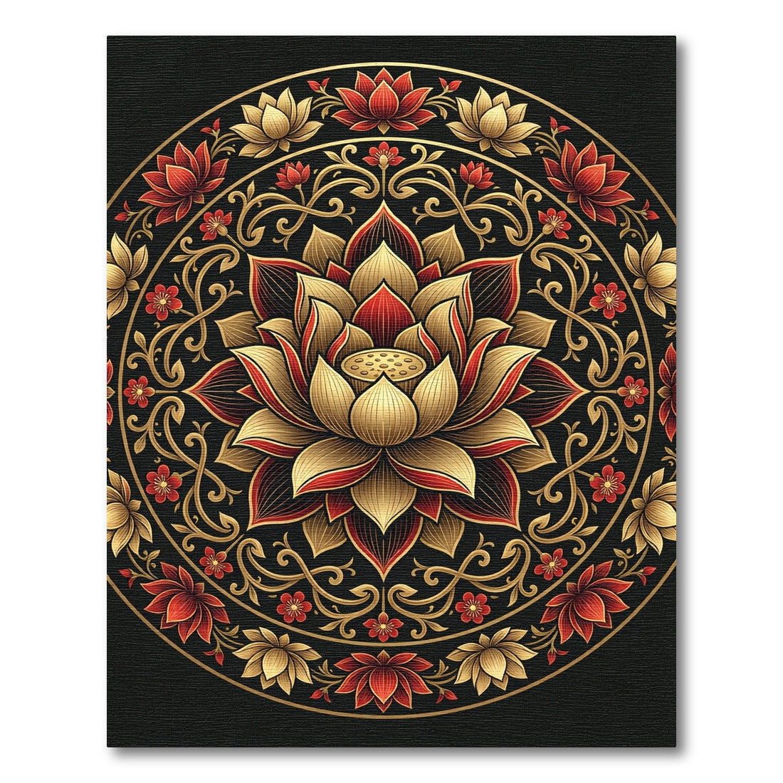 Elegant Gold and Crimson Lotus Mandala Rug