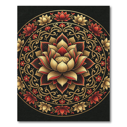 Elegant Gold and Crimson Lotus Mandala Rug