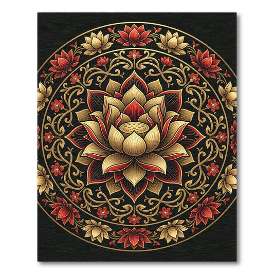Elegant Gold and Crimson Lotus Mandala Rug