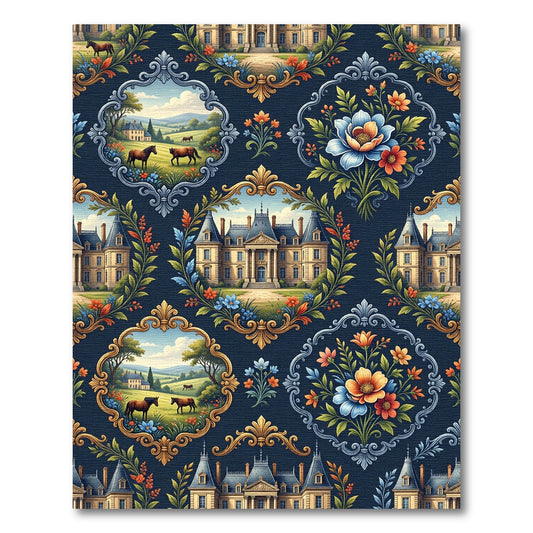 Chateau Equestrian Floral Gold Navy Medallion Rug