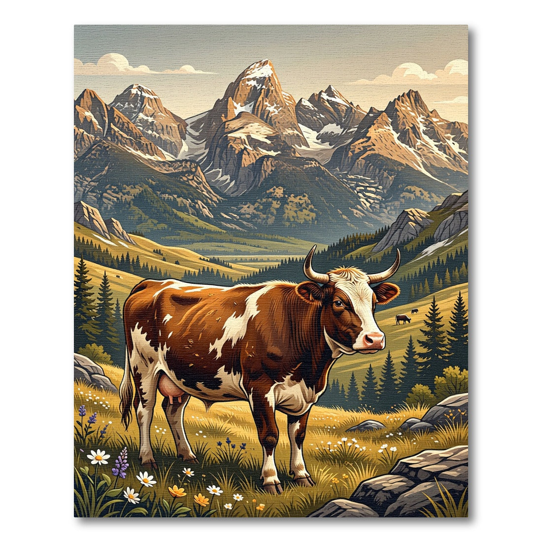 Majestic Alpine Cow Mountain Meadow Landscape Rug