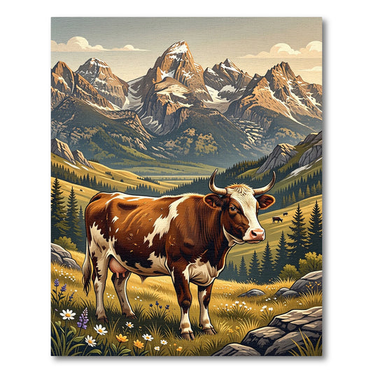 Majestic Alpine Cow Mountain Meadow Landscape Rug
