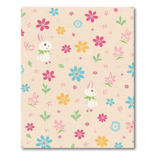 Playful Pink Blue Yellow Floral Bunny Rug