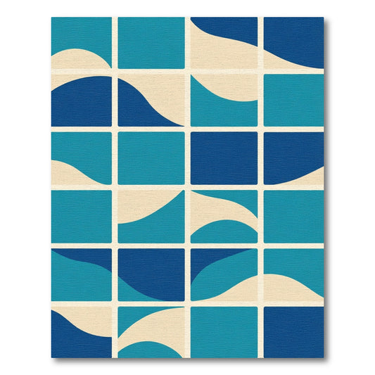 Azure Blue Mid Century Curve Squares Rug