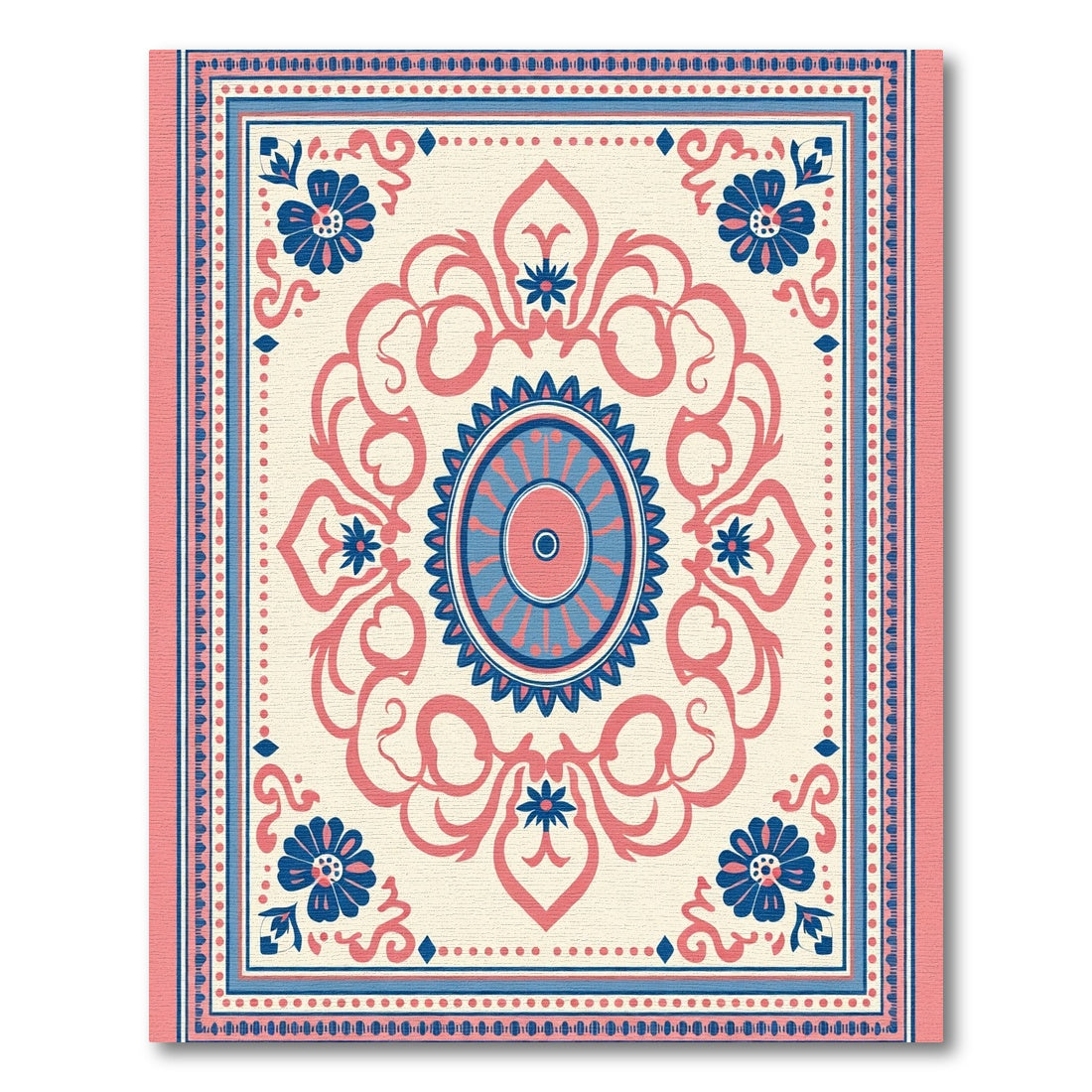 Coral Blue Floral Medallion Art Rug