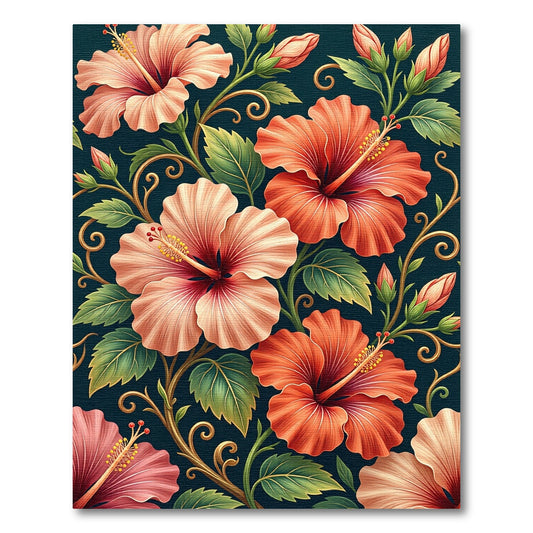 Coral Peach Hibiscus Tropical Swirls Rug