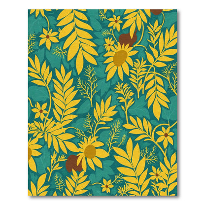 Golden Sunflower Teal Leaf Pattern Rug