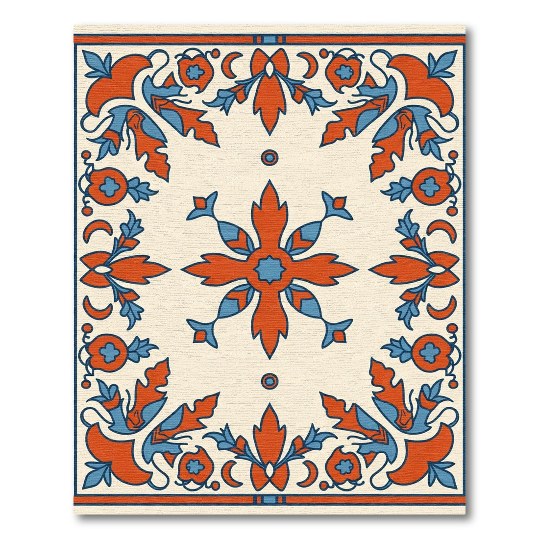 Crimson Blue Floral Scroll Border Rug