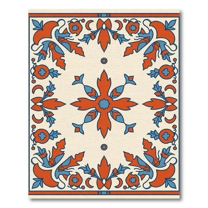 Crimson Blue Floral Scroll Border Rug