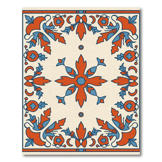Crimson Blue Floral Scroll Border Rug