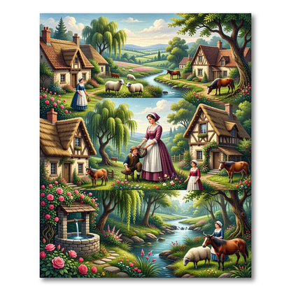 Pastoral Village Scene River Wildlife Rug