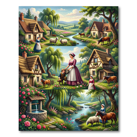 Pastoral Village Scene River Wildlife Rug