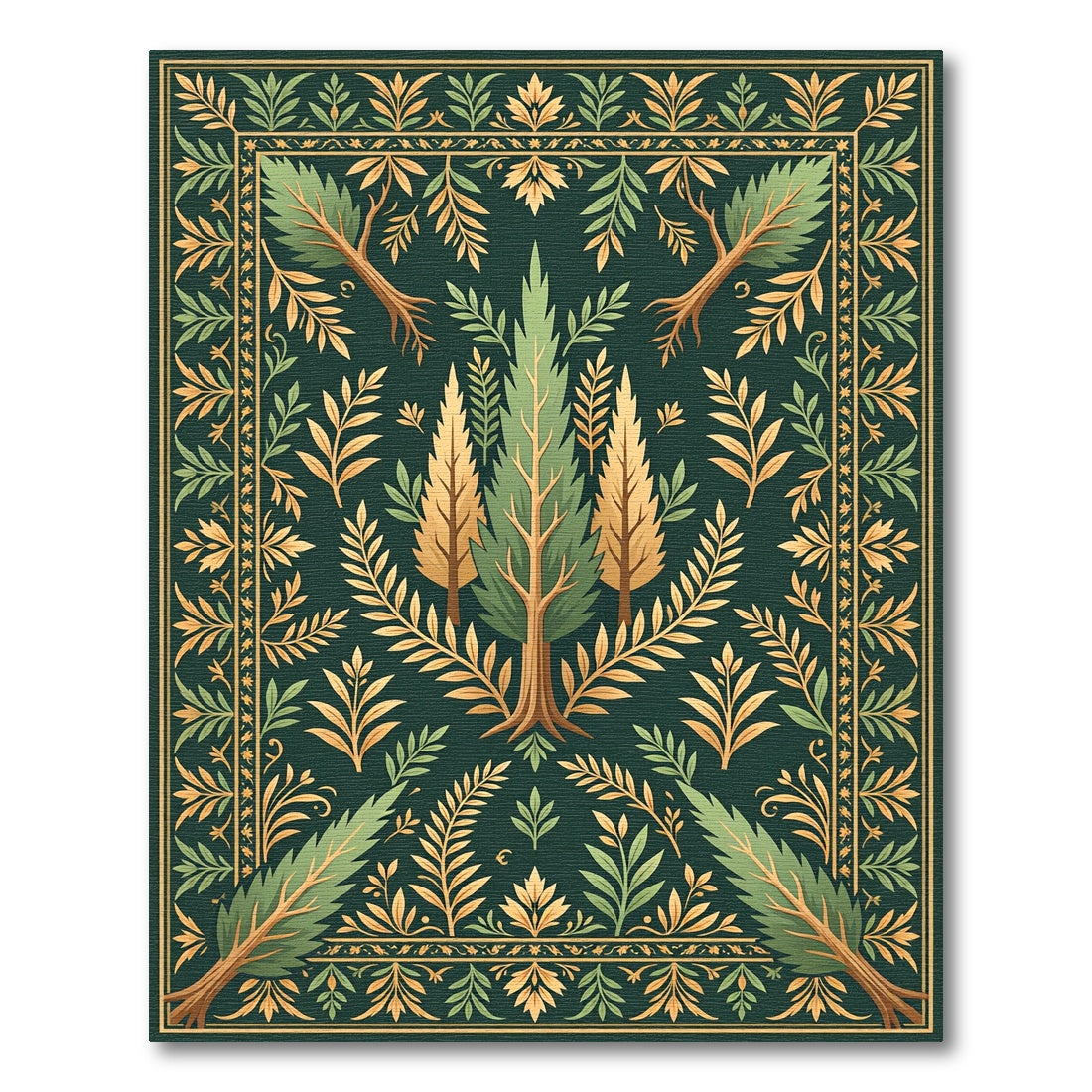 Deep Green Golden Tree Foliage Frame Rug