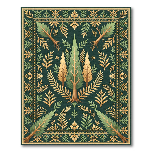 Deep Green Golden Tree Foliage Frame Rug
