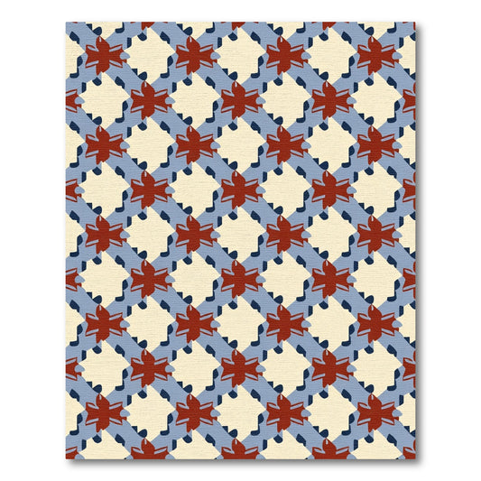 Red Star Intersecting Blue Lattice Rug