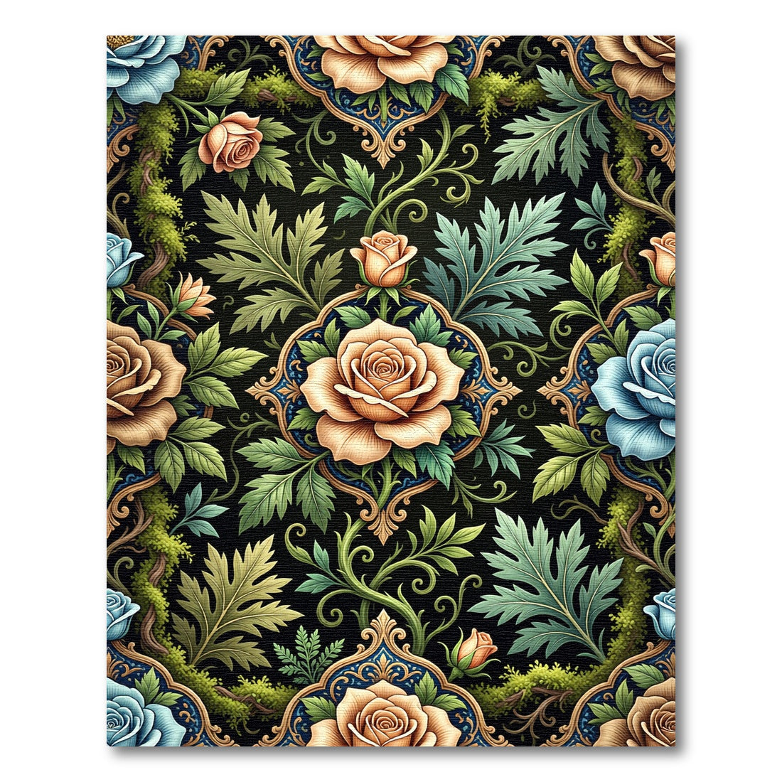Ornate Rose Garden Damask Peach Blue Rug
