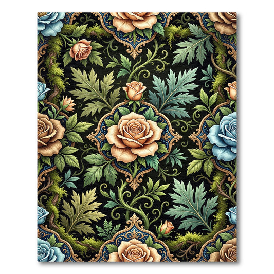 Ornate Rose Garden Damask Peach Blue Rug
