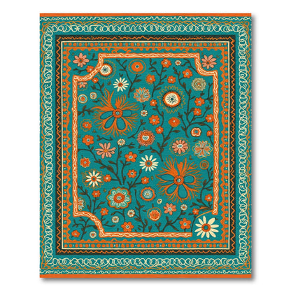Teal Orange White Floral Garden Rug
