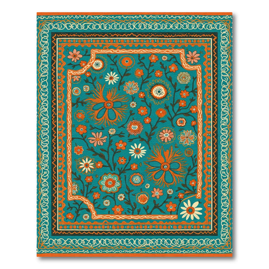 Teal Orange White Floral Garden Rug