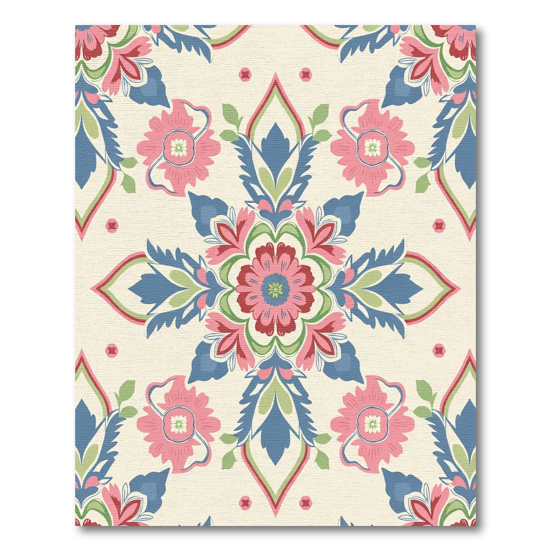 Pink Blue Floral Medallion Ivory Rug