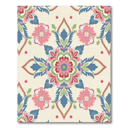 Pink Blue Floral Medallion Ivory Rug