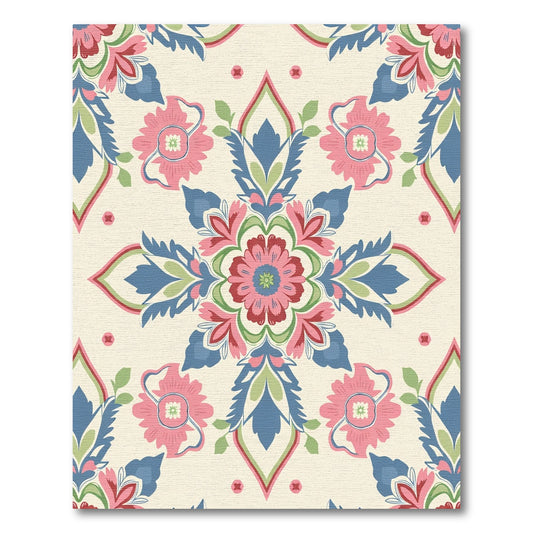 Pink Blue Floral Medallion Ivory Rug
