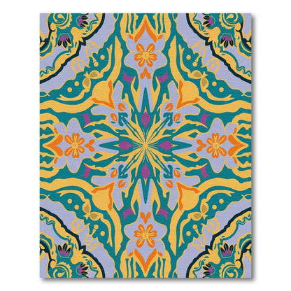 Vibrant Yellow Teal Floral Mandala Rug