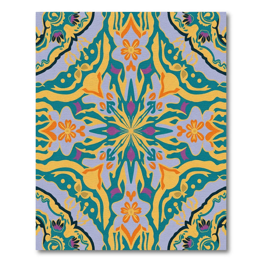 Vibrant Yellow Teal Floral Mandala Rug