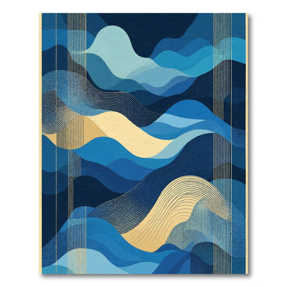 Abstract Deep Blue Golden Wave Rug