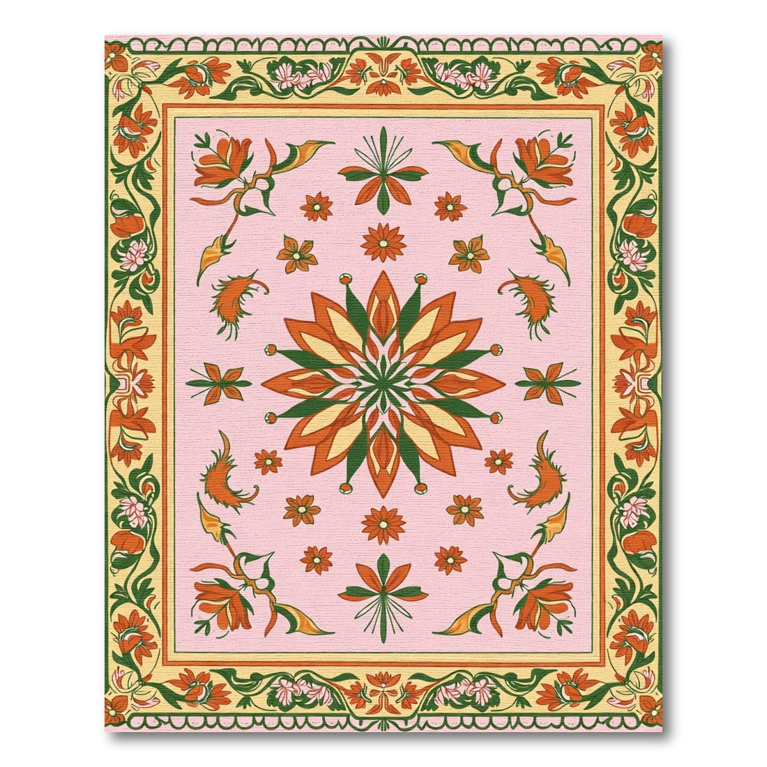 Pink Orange Green Floral Medallion Border Rug