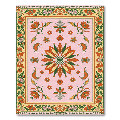 Pink Orange Green Floral Medallion Border Rug