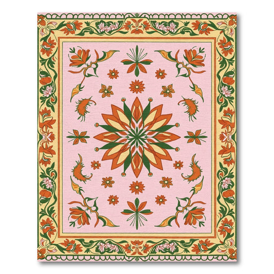 Pink Orange Green Floral Medallion Border Rug