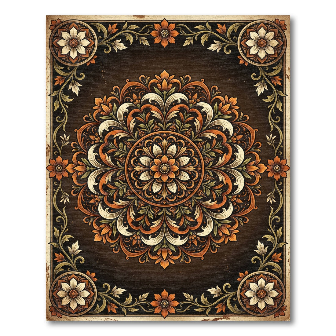 Earthy Amber Floral Medallion Scroll Rug
