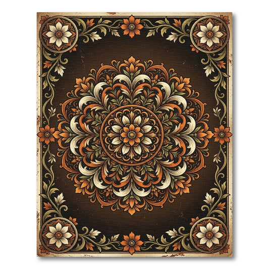 Earthy Amber Floral Medallion Scroll Rug