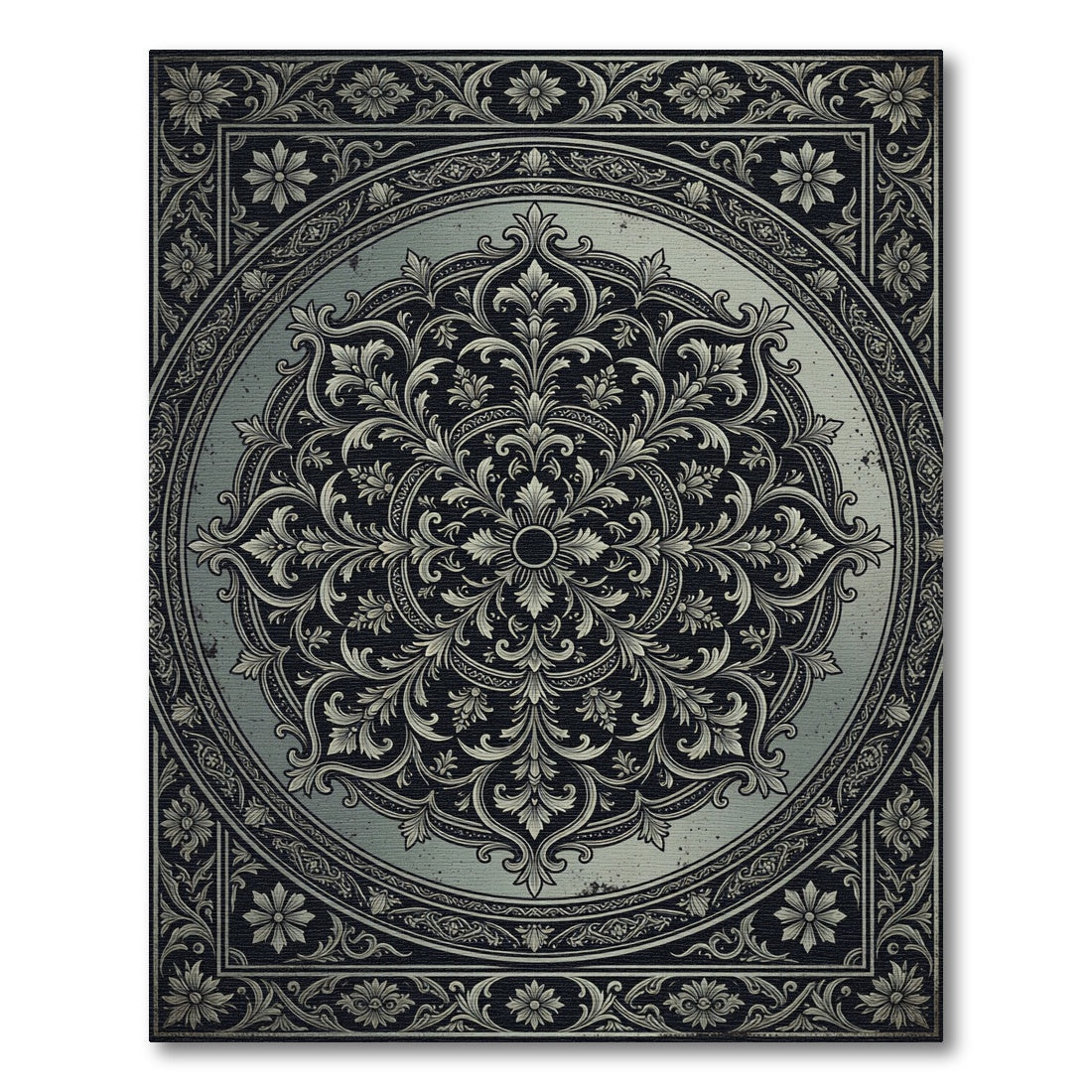 Vintage Charcoal Silver Ornate Medallion Rug