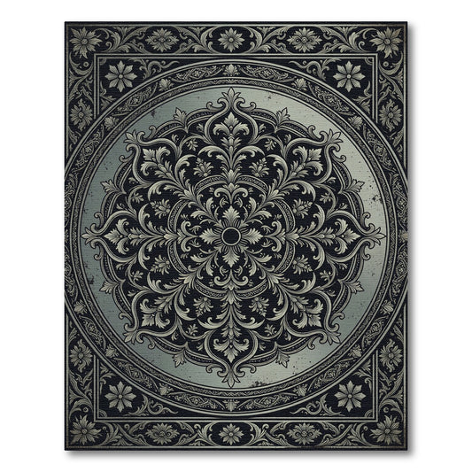 Vintage Charcoal Silver Ornate Medallion Rug