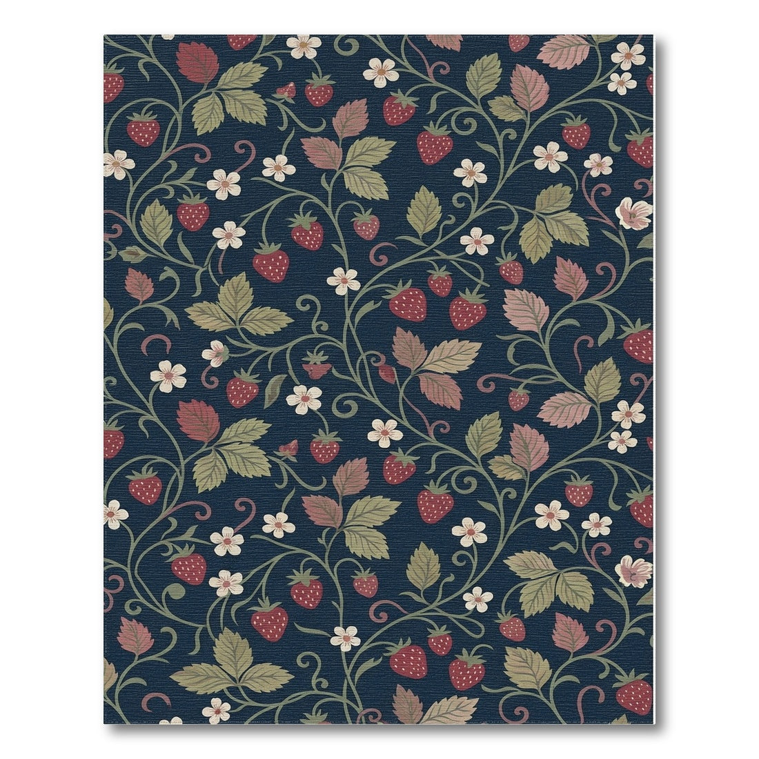 Navy Strawberry Vine Leaf Whimsical Rug