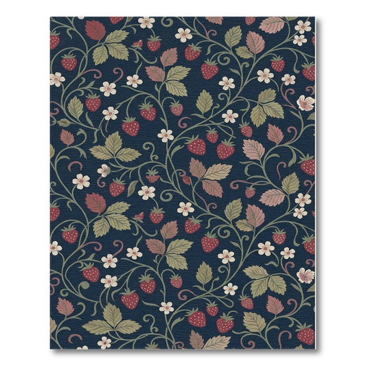 Navy Strawberry Vine Leaf Whimsical Rug