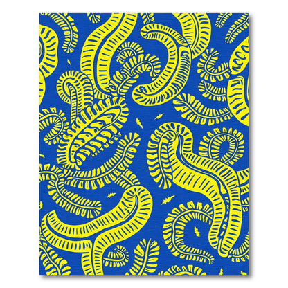Bold Yellow Curvy Ferns Blue Rug